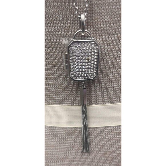 Chico's Silvertone Miracles Locket Crystal Jeweled Long 32" Rolo Chain Necklace - Picture 13 of 13